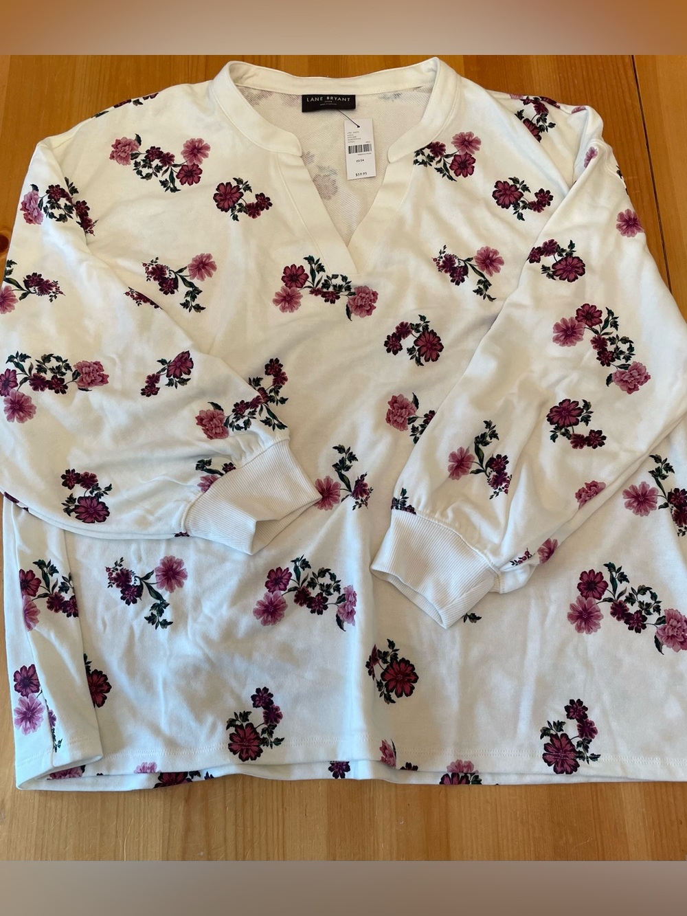 Lane Bryant White V-Notch Sweatshirt with Pink Floral Print